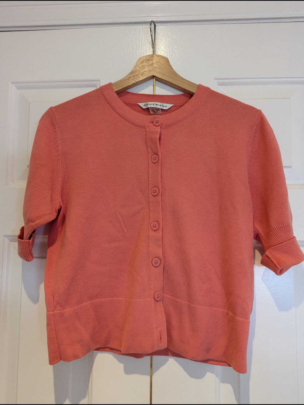Bianca Nygard Womens Short Button Front Coral Pink Sweater Cardigan Top Spring